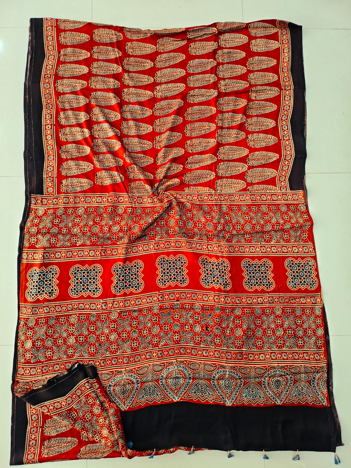 Mustard Ajrakh Handblock Printed Modal Silk Saree with All-Over Jaal Design – Natural Dye Traditional Textile